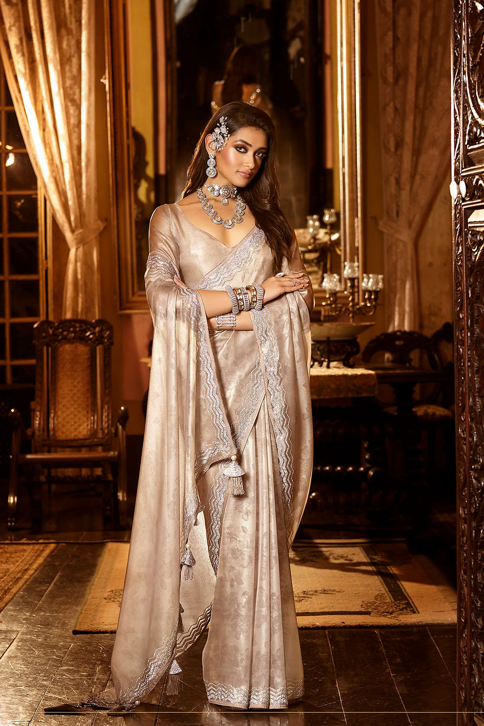Thumbnail: Pure Silk Saree  Blouse, Kanjeevaram Sarees, Designer  Pethani,  Pink, Golden, Kashmiri Saree, Ikkat, Ready To Wear, Red