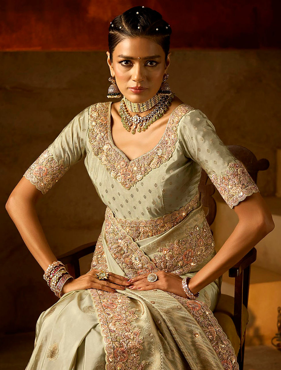Thumbnail: Grey Sari, Bridal Sarees, Party Wear, Banarasi Saree, Net, Lehenga, Printed, Half Sarees, Chikankari, Bandhani, Georgette,