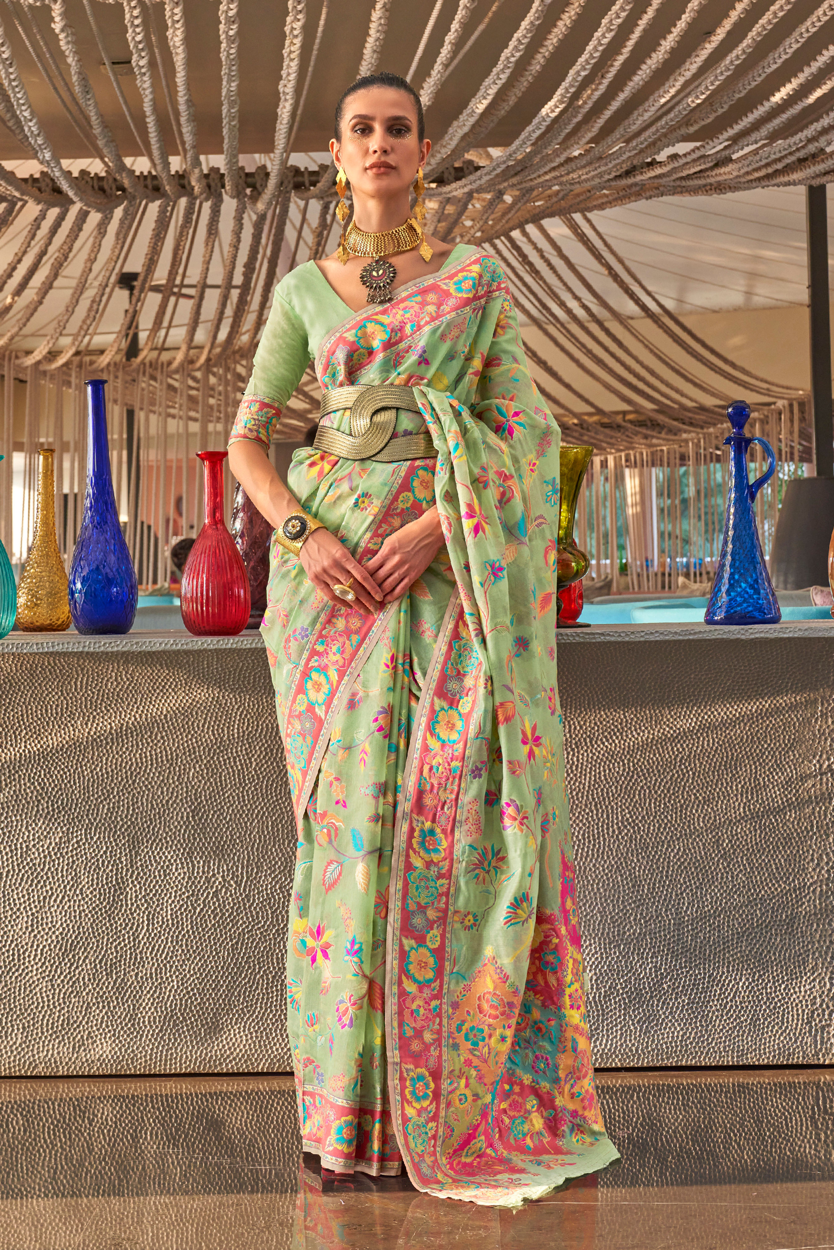 Ivory White Woven Kani Saree with Kanjivaram Border for Wedding Reception, Paithani Saree Blouse, Latest Saree, Designer Sari