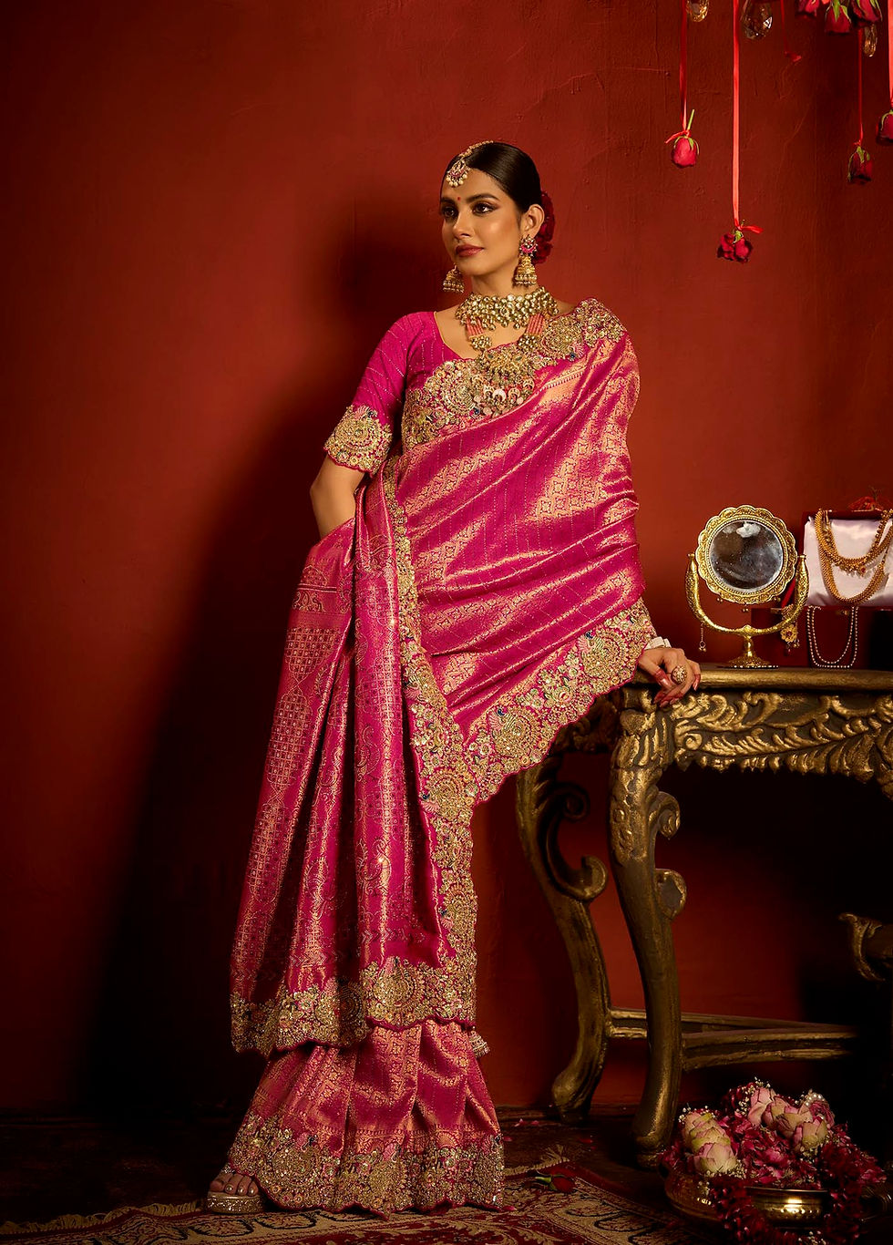 Thumbnail: Pink Sari, Bridal Sarees, Party Wear, Banarasi Saree, Net, Lehenga, Printed, Half Sarees, Chikankari, Bandhani, Georgette,