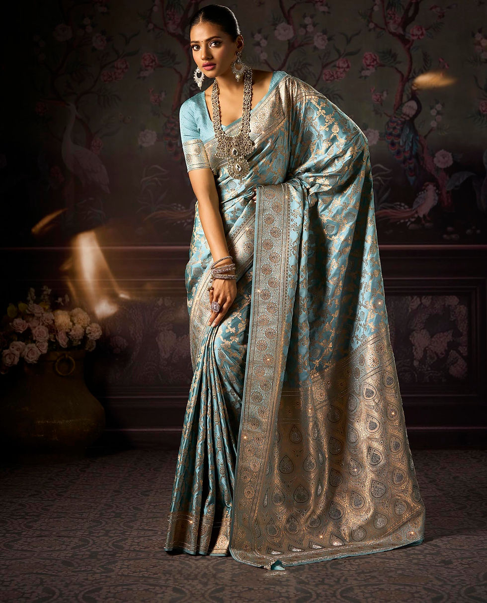 Thumbnail: Blue Sari, Bridal Sarees, Party Wear, Banarasi Saree, Net, Lehenga, Printed, Half Sarees, Chikankari, Bandhani, Georgette,