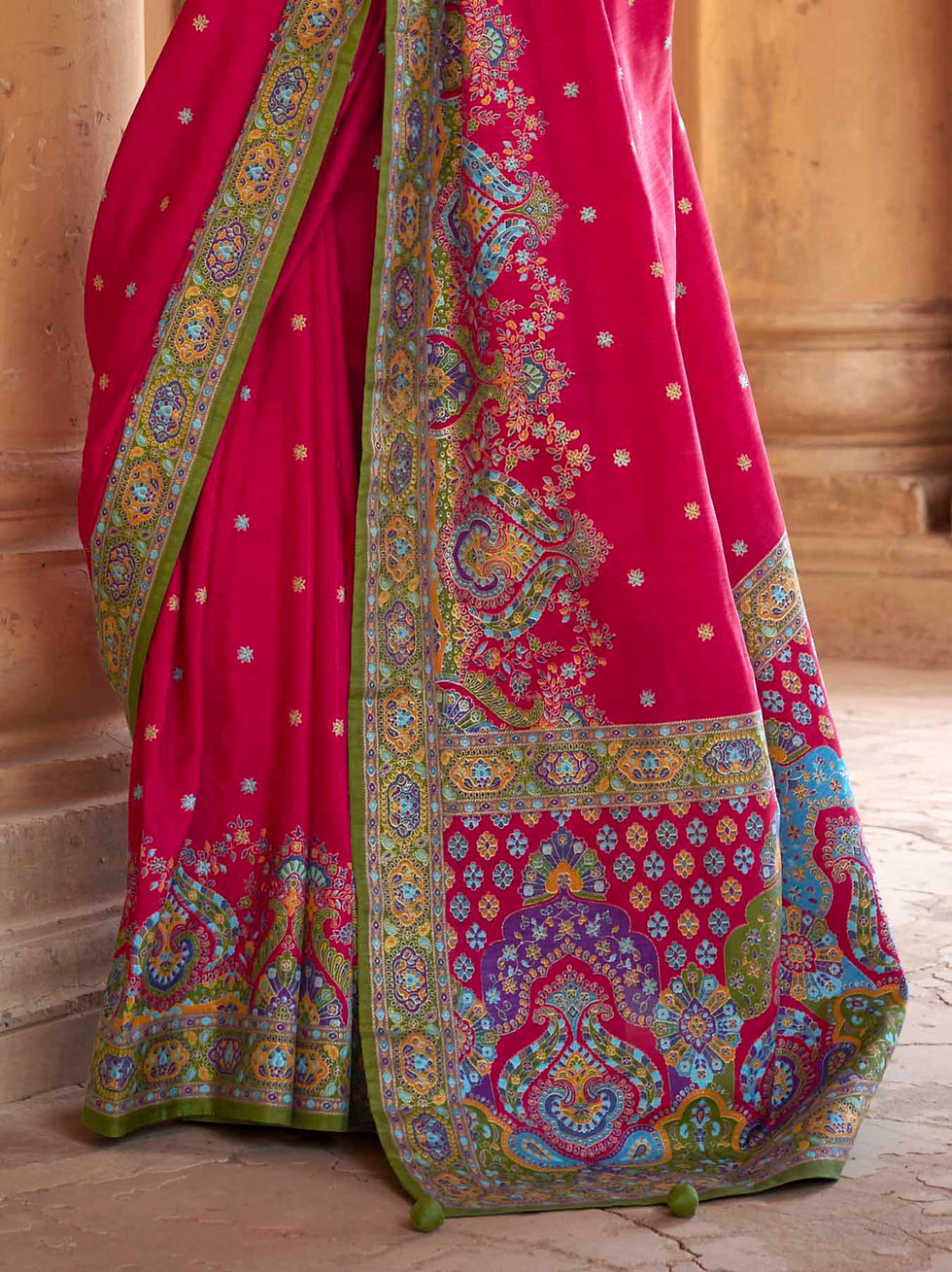 Thumbnail: Tomato Red Kani Silk Pashmina Design Saree with Blouse | TST