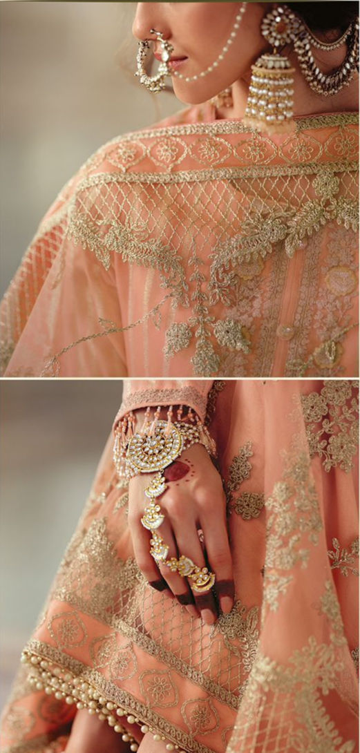 Thumbnail: Peach Punch Heavy Embroidered Sharara Pakistani Suit for Weddings | TST