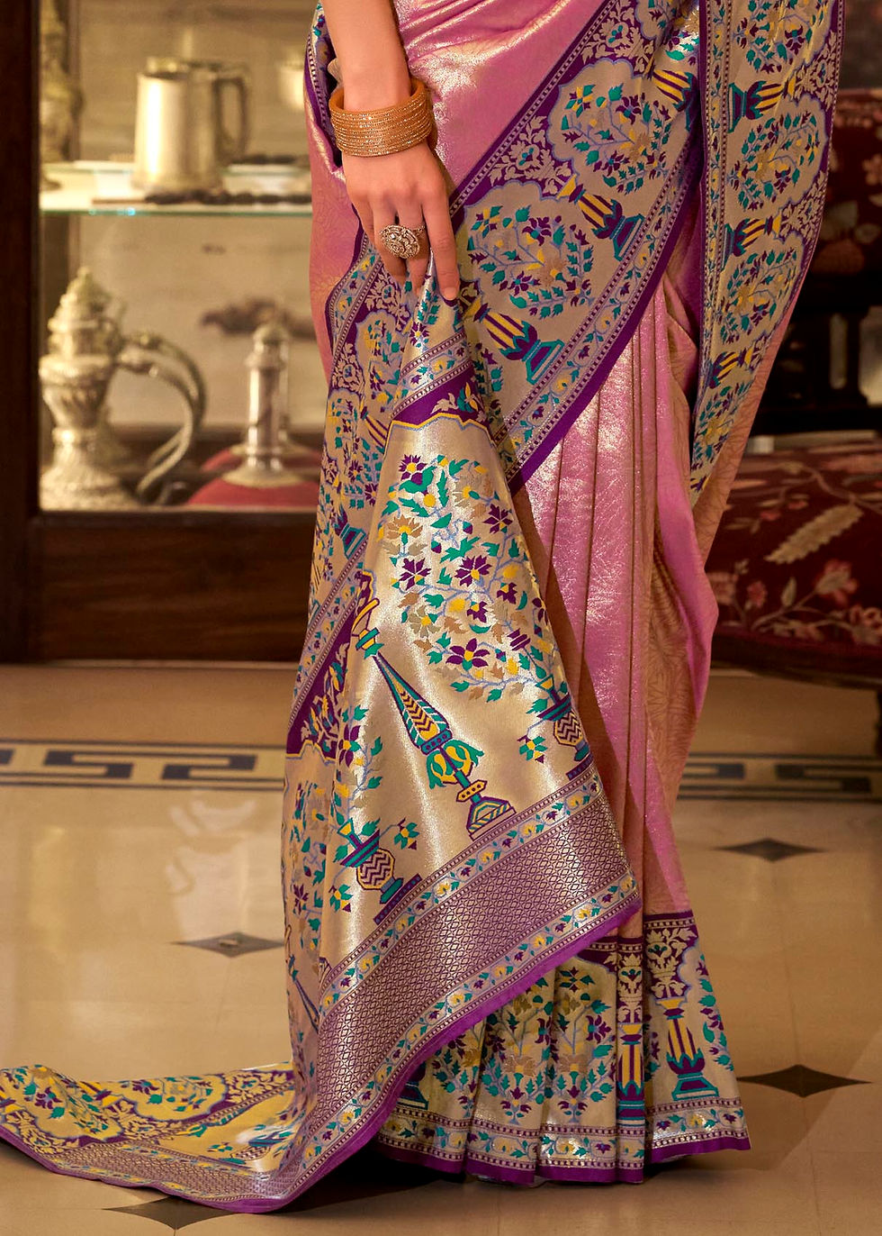 Thumbnail: Bubble Pink Tissue Silk Paithani Saree with Contrast Blouse | TST
