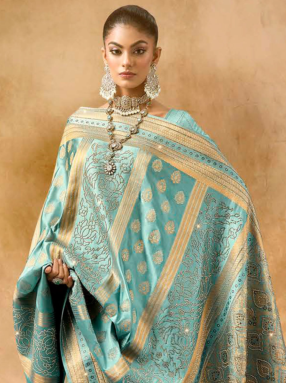 Thumbnail: Blue Designer Sari, Bridal Sarees, Party Wear, Banarasi Saree, Net, Lehenga, Printed, Half Sarees, Chikankari, Georgette,