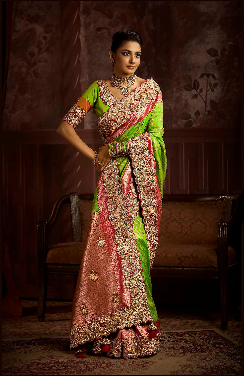 Thumbnail: Green Designer Sari, Bridal Sarees, Party Wear, Banarasi Saree, Net, Lehenga, Printed, Half Sarees, Chikankari, Georgette,