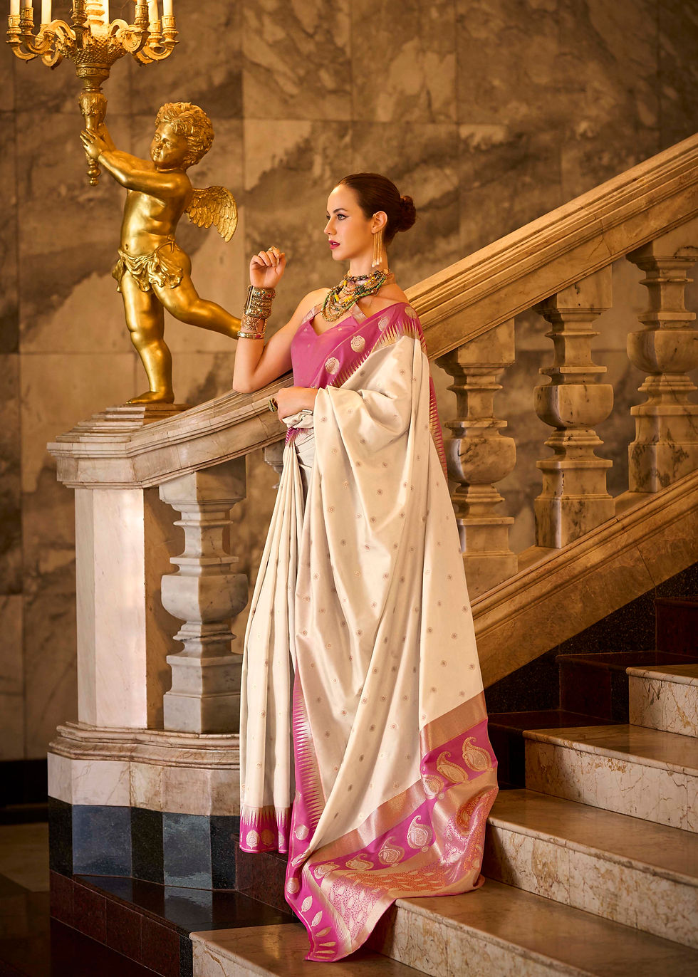 Thumbnail: Cream White Contrast Bordered Banarasi Silk Saree | TST