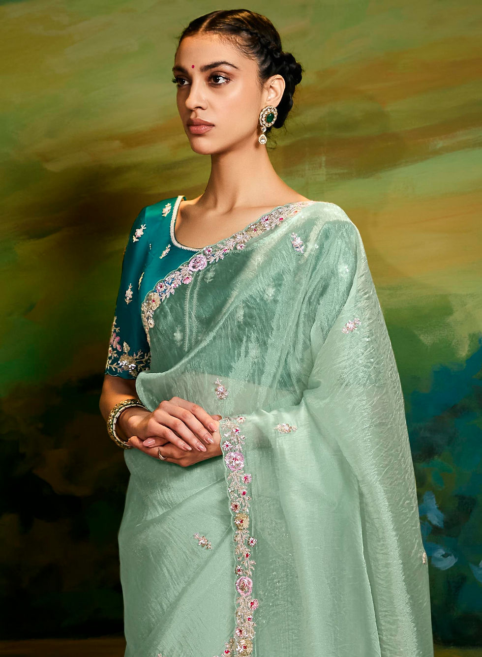 Thumbnail: Sage Green Embellished Organza Silk Saree with Lovely Blouse | TST