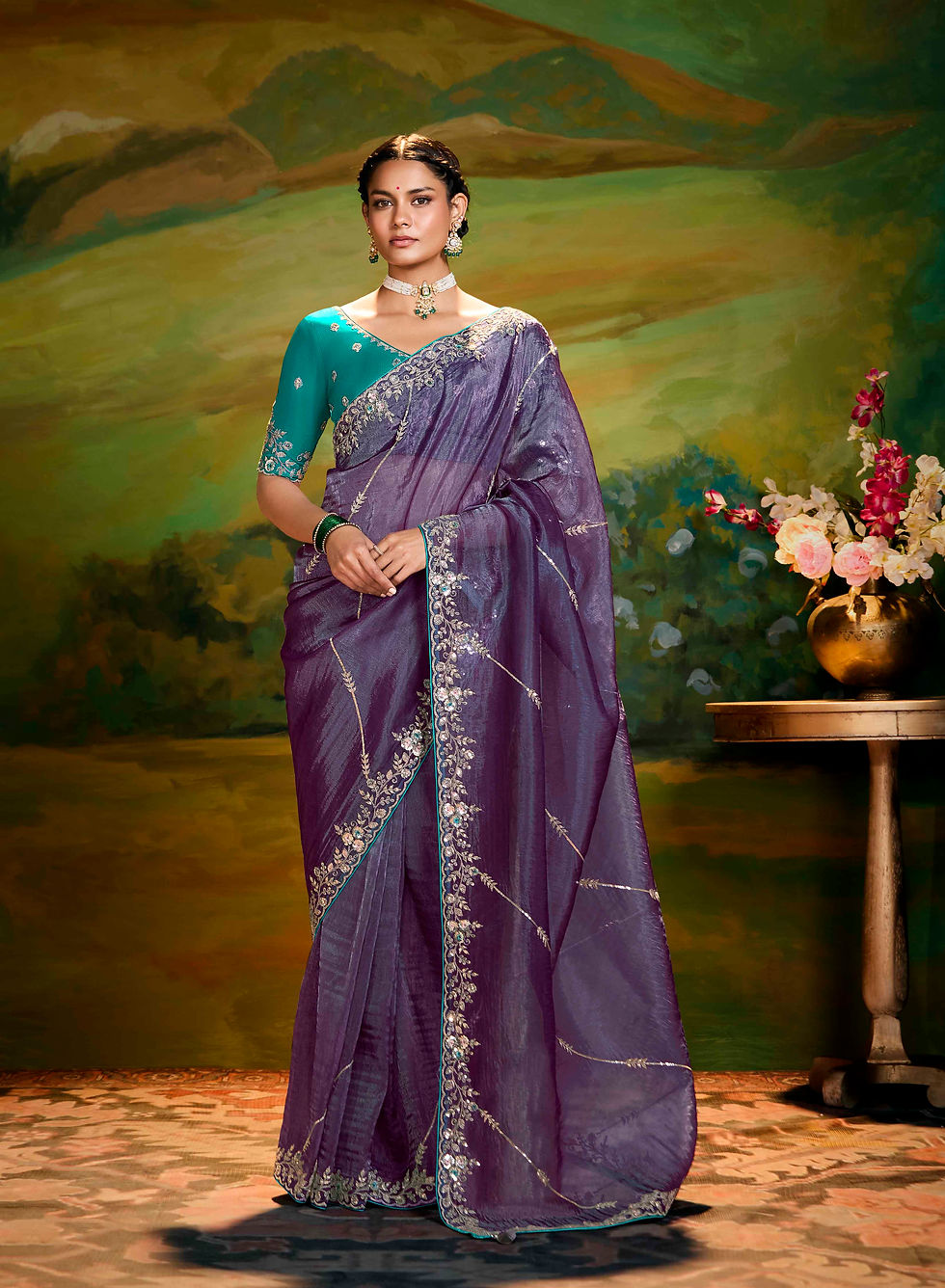 Thumbnail: Grape Purple Embellished Organza Silk Saree with Lovely Blouse | TST