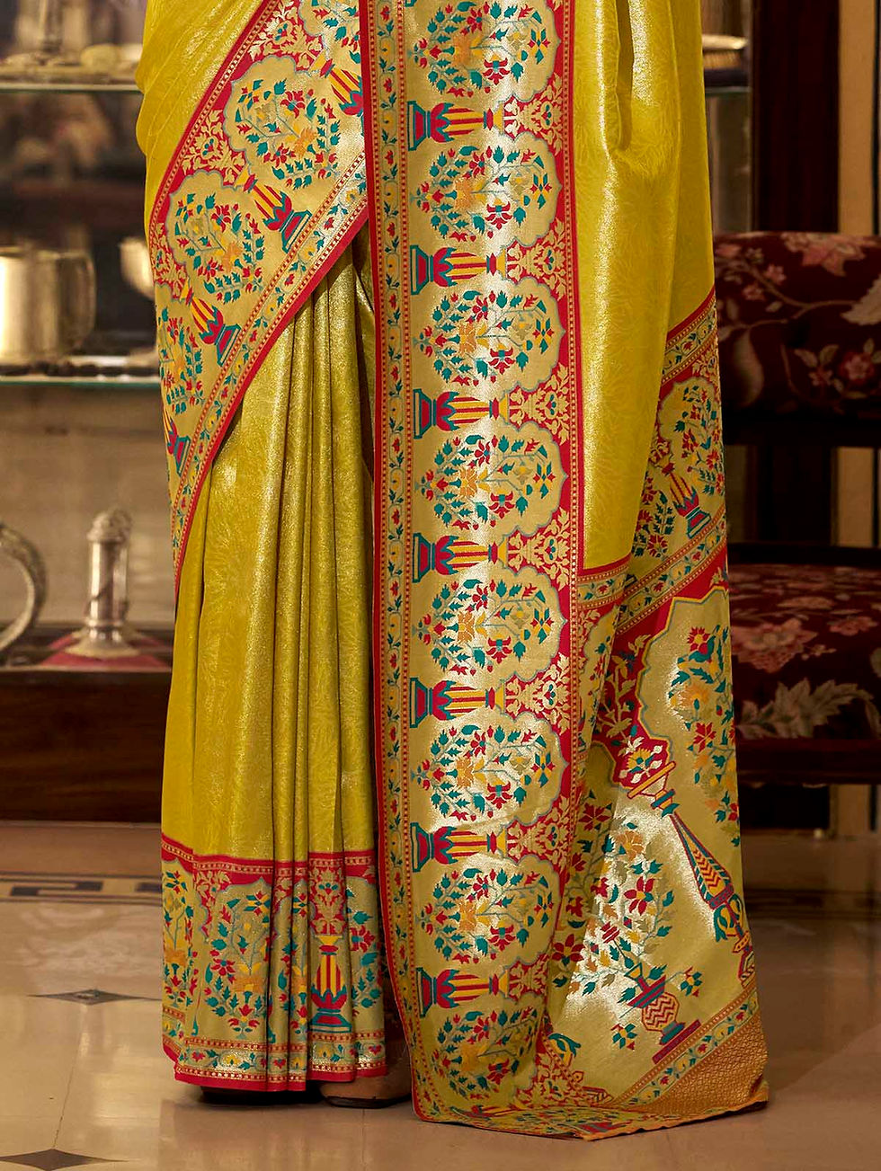 Thumbnail: Yellow Gold Tissue Silk Paithani Saree with Contrast Blouse | TST