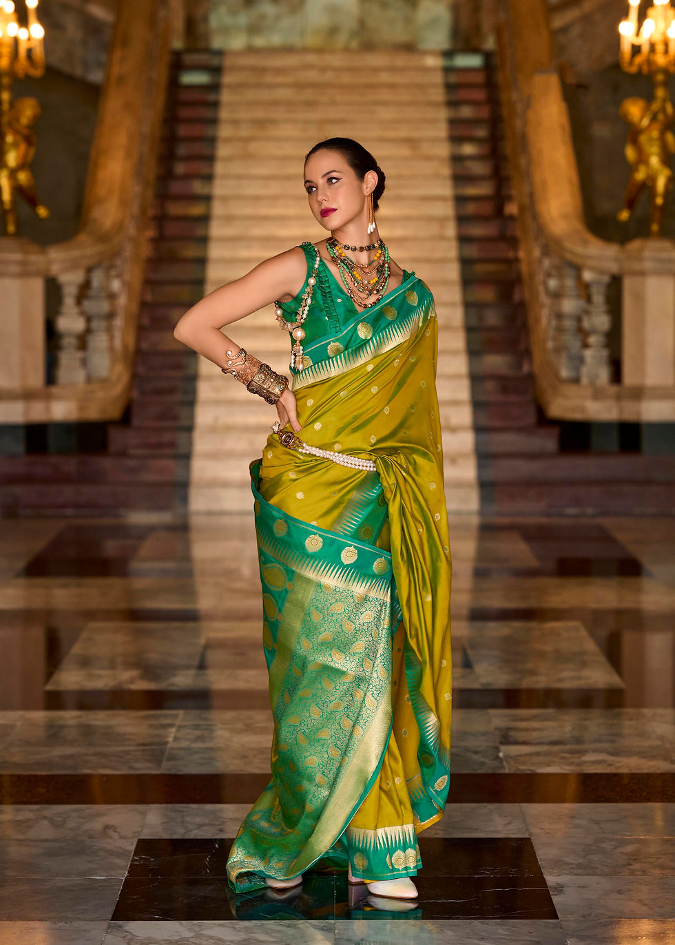 Thumbnail: Flaxen Gold Contrast Bordered Banarasi Silk Saree | TST