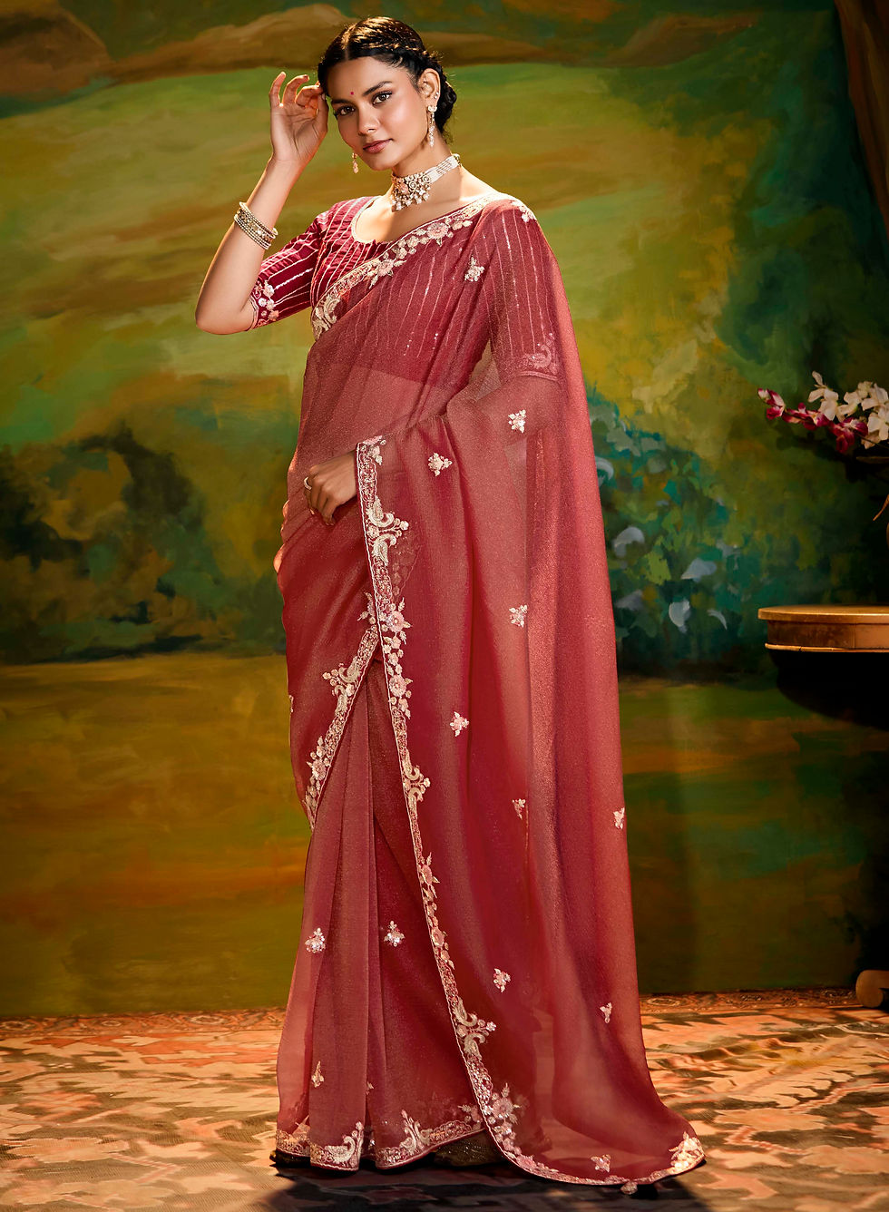 Thumbnail: Reddish Brown Embellished Organza Silk Saree with Lovely Blouse | TST