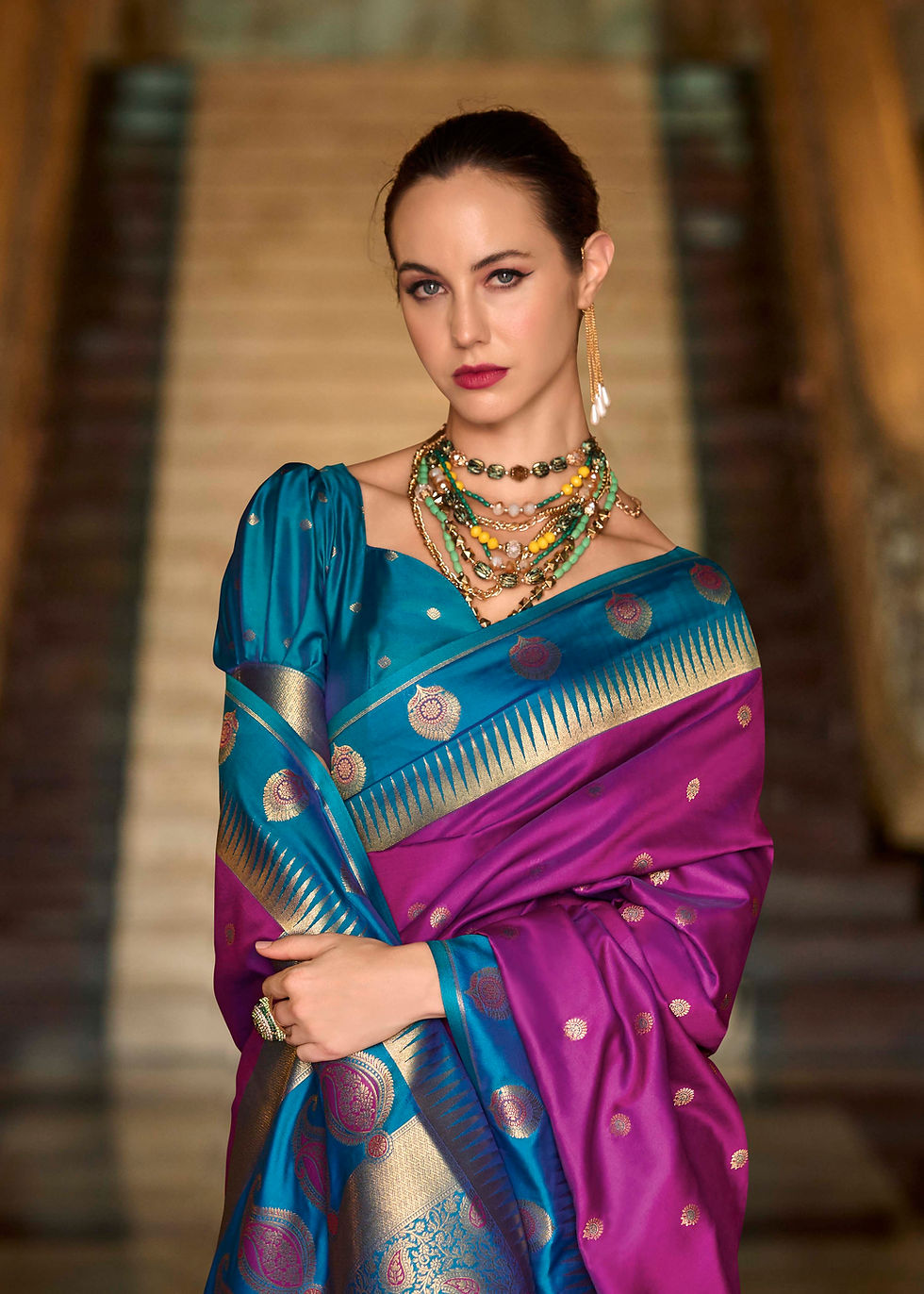 Thumbnail: Dark Hibiscus Contrast Bordered Banarasi Silk Saree | TST