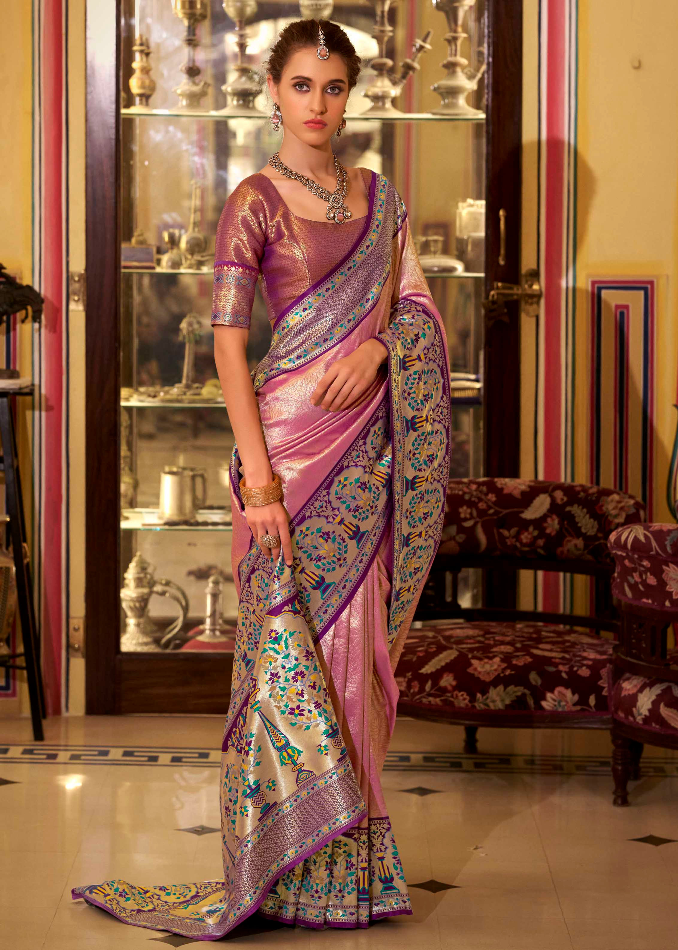 Bubble Pink Tissue Silk Paithani Saree with Contrast Blouse | TST