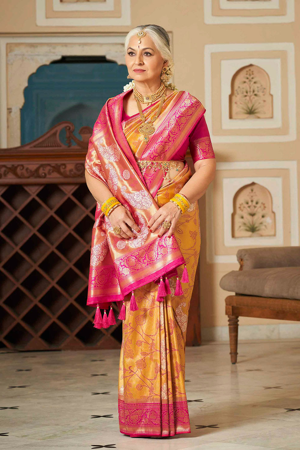 Pure Silk Saree Blouse, Kanjeevaram Sarees, Designer Pethani, Pink, Golden, Kashmiri Saree, Ikkat, Ready To Wear, Red