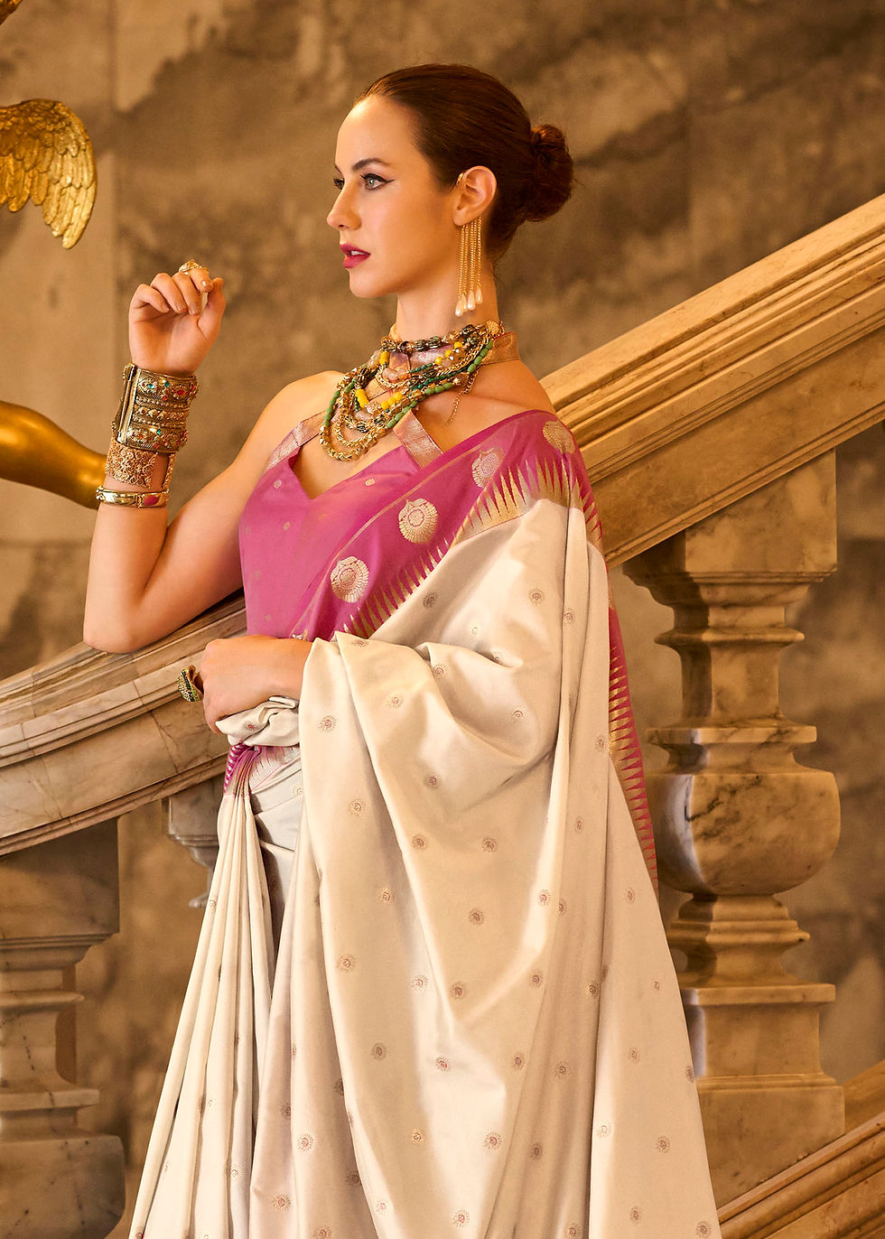 Thumbnail: Cream White Contrast Bordered Banarasi Silk Saree | TST