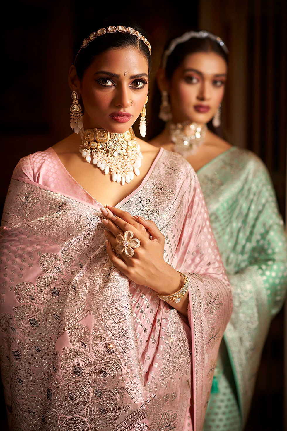 Thumbnail: Bridal Sarees, Party Wear, Bollyood, Kanjivaram Saree, Net, Lehenga, Printed, Half Sarees, Chikankari, Bandhani, Georgette,