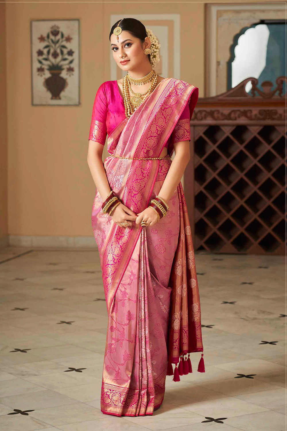 Pure Silk Saree Blouse, Kanjeevaram Sarees, Designer Pethani, Pink, Golden, Kashmiri Saree, Ikkat, Ready To Wear, Red