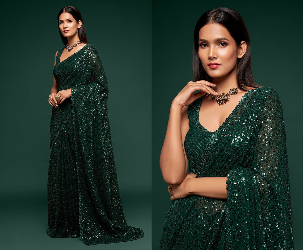 Thumbnail: BOTTLE GREEN Sequin Saree for Women Indian Saree for Wedding Reception Party