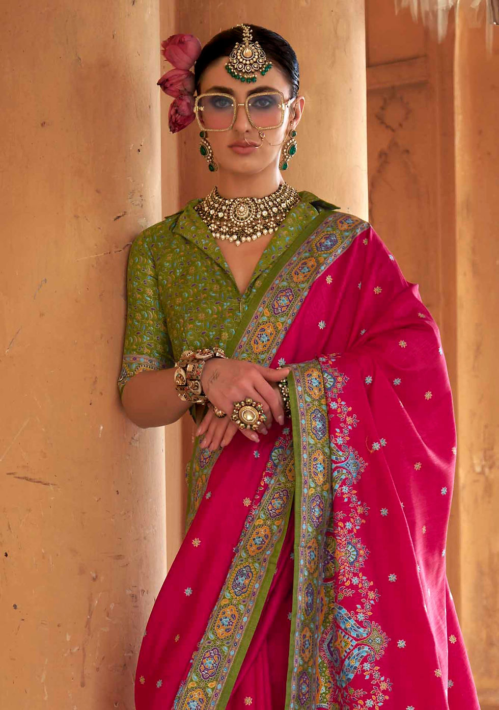 Thumbnail: Tomato Red Kani Silk Pashmina Design Saree with Blouse | TST