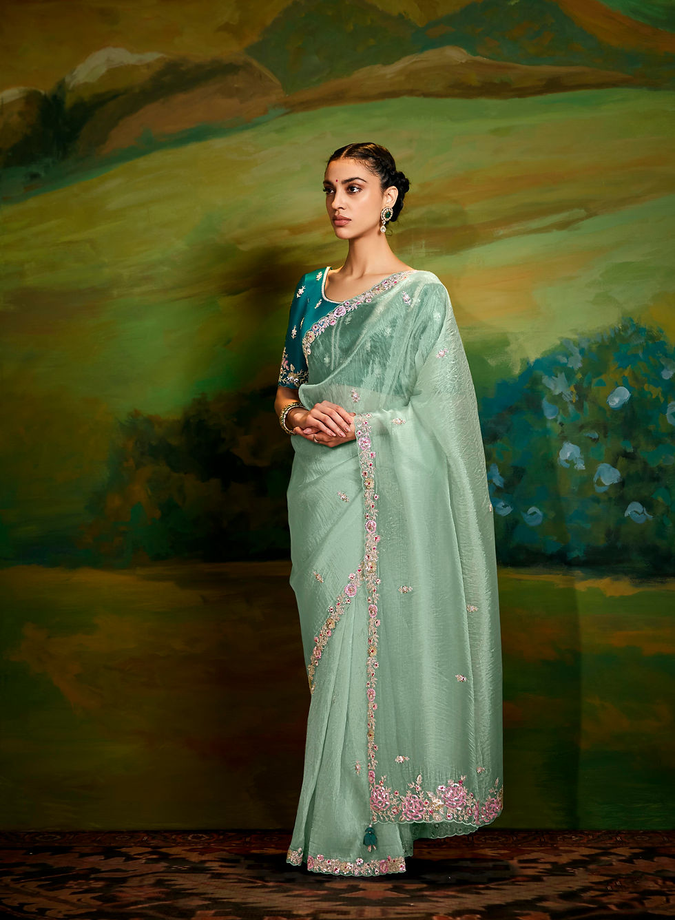 Thumbnail: Sage Green Embellished Organza Silk Saree with Lovely Blouse | TST