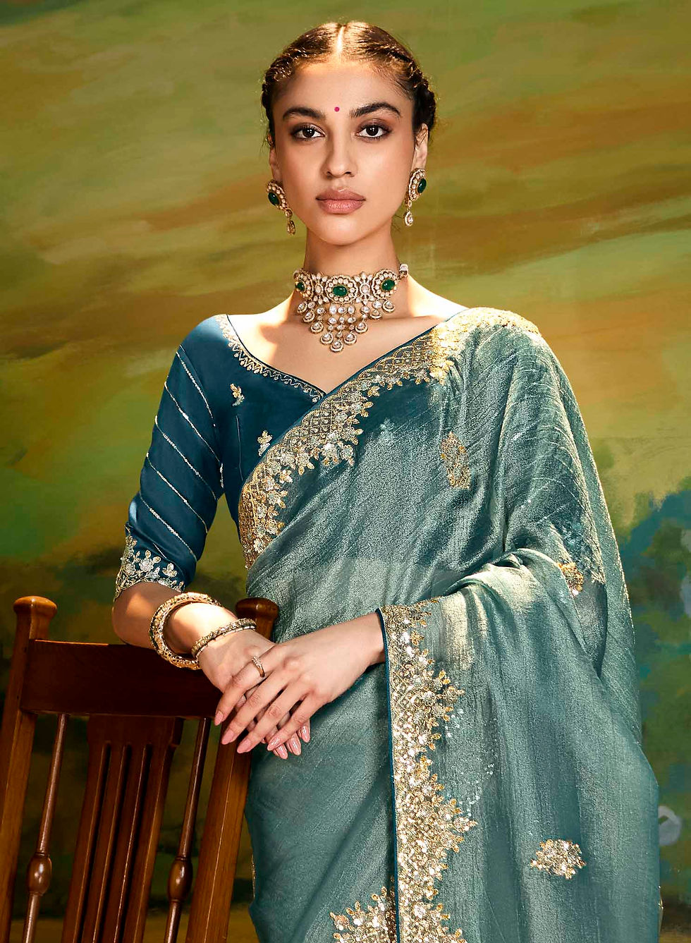 Thumbnail: Jungle Green Embellished Organza Silk Saree with Lovely Blouse | TST