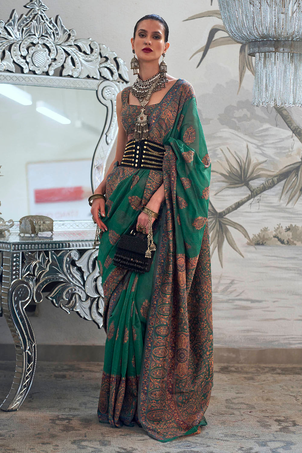 Green Woven Kashmiri Saree with Kanjivaram Border for Wedding Reception, Paithani Saree Blouse, Latest Saree, Designer Sari