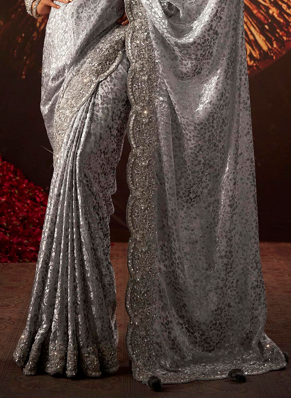 Thumbnail: Silver Sari, Bridal Sarees, Party Wear, Banarasi Saree, Net, Lehenga, Printed, Half Sarees, Chikankari, Bandhani, Georgette,