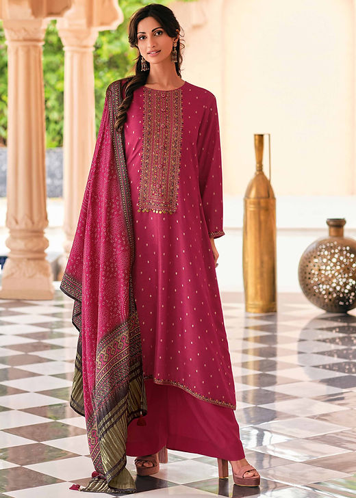 Hot Pink Muslin Woven Suit with Hand EmbroideryPrinted Dupatta |TST Hot Pink Muslin Woven Suit with Hand EmbroideryPrinted Dupatta |TST