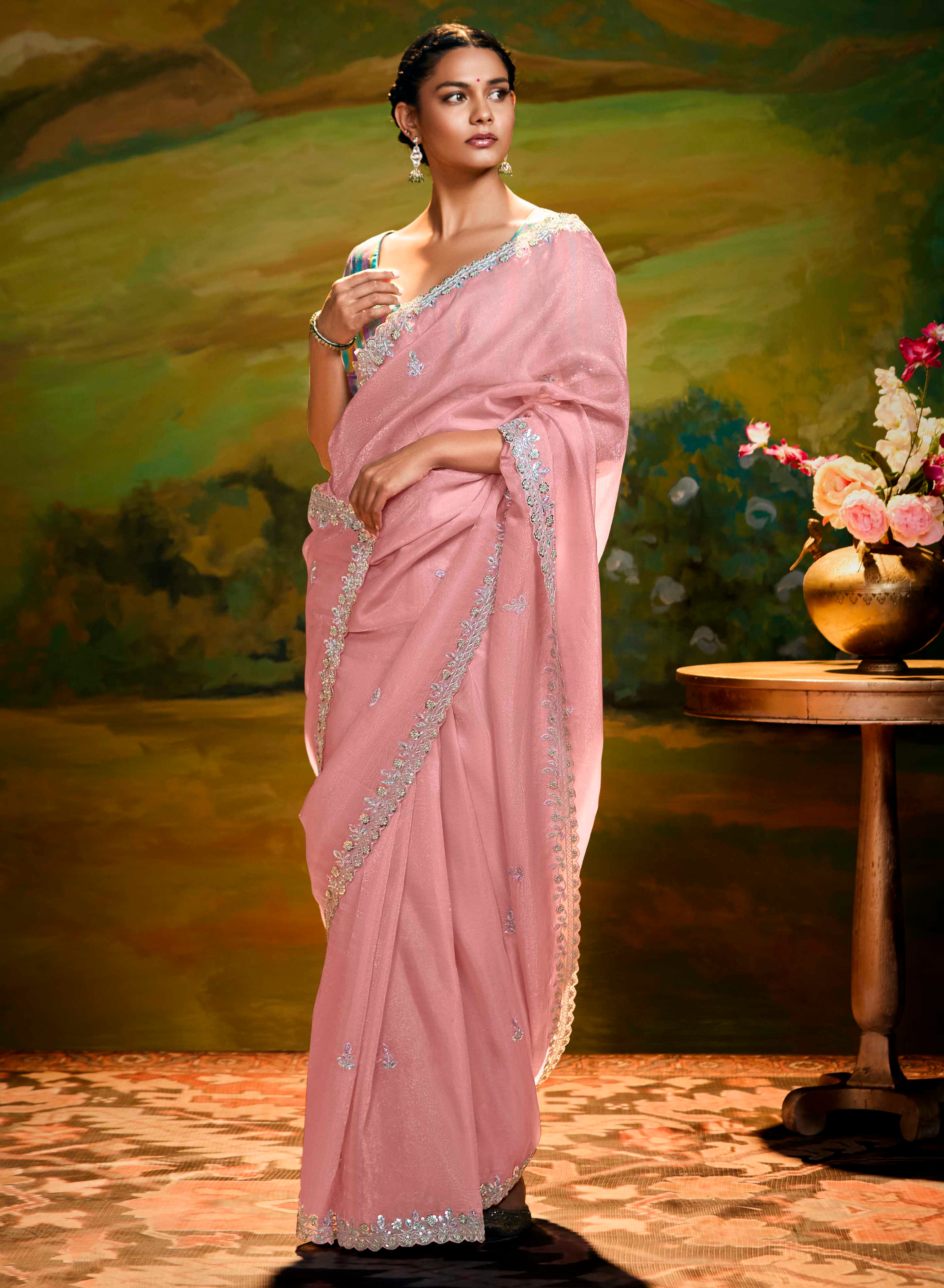 Pastel Pink Embellished Organza Silk Saree with Lovely Blouse | TST