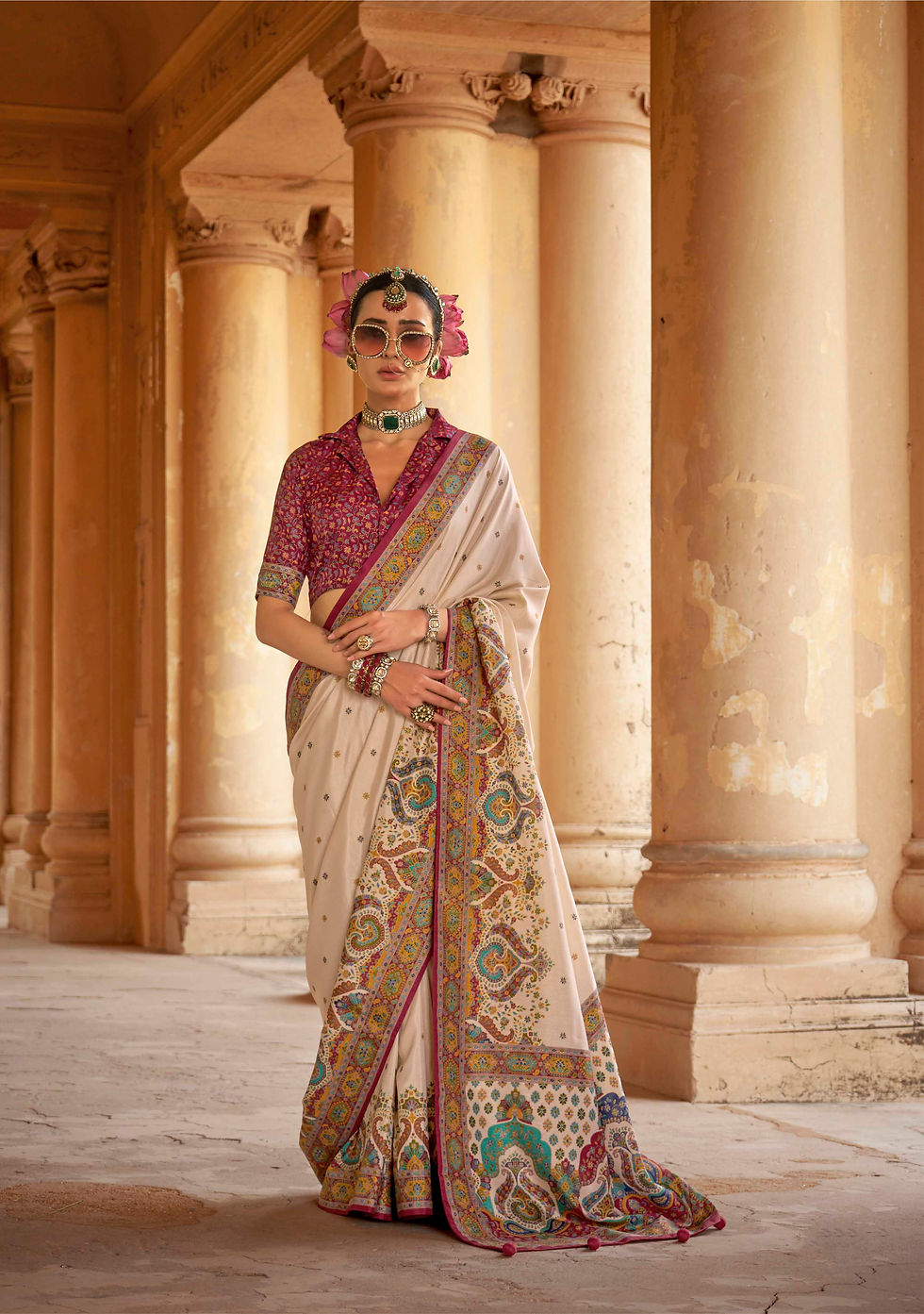 Thumbnail: Beige White Kani Silk Pashmina Design Saree with Blouse | TST