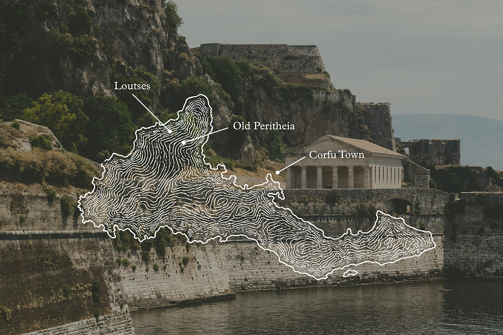 Map of Corfu showing the location of Loutses, Old Perithia and Corfu Town.