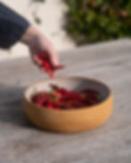 Still life food photography — red chillies ceramic bowl outdoor light