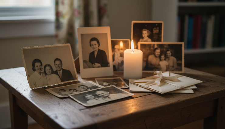 Eye-level view of family photographs arranged with a candle and folded letters