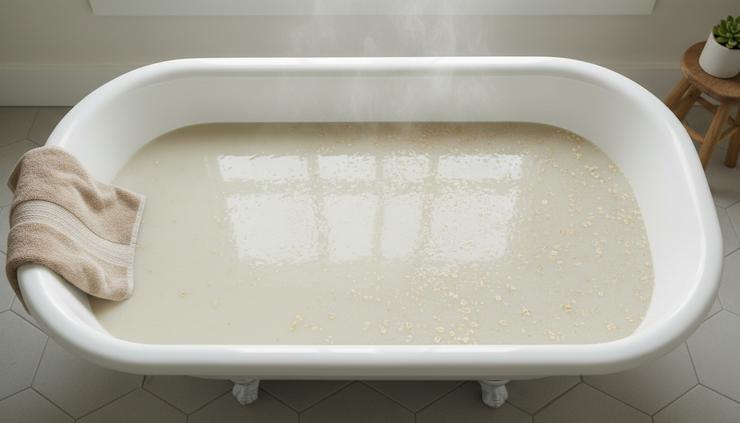 Overhead view of a lukewarm oatmeal bath prepared in a white bathtub.