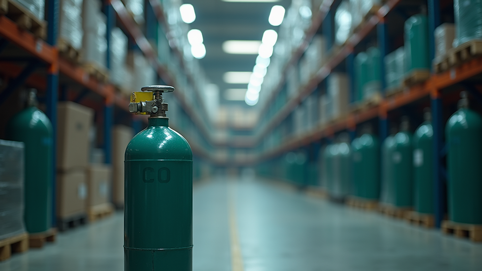 Eye-level view of CO2 gas cylinder standing upright in storage