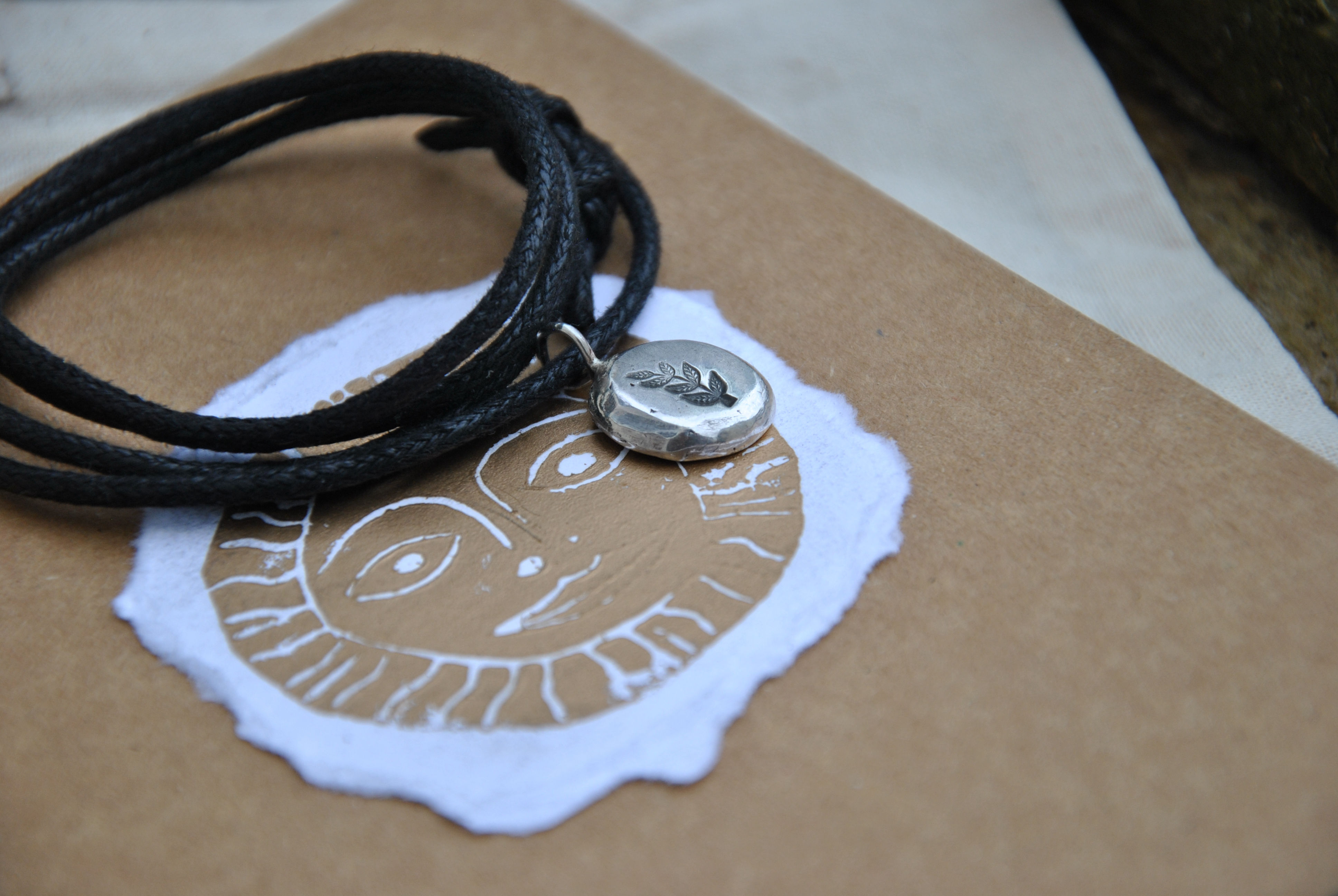 Silver Nugget Pendant on cotton wax cord