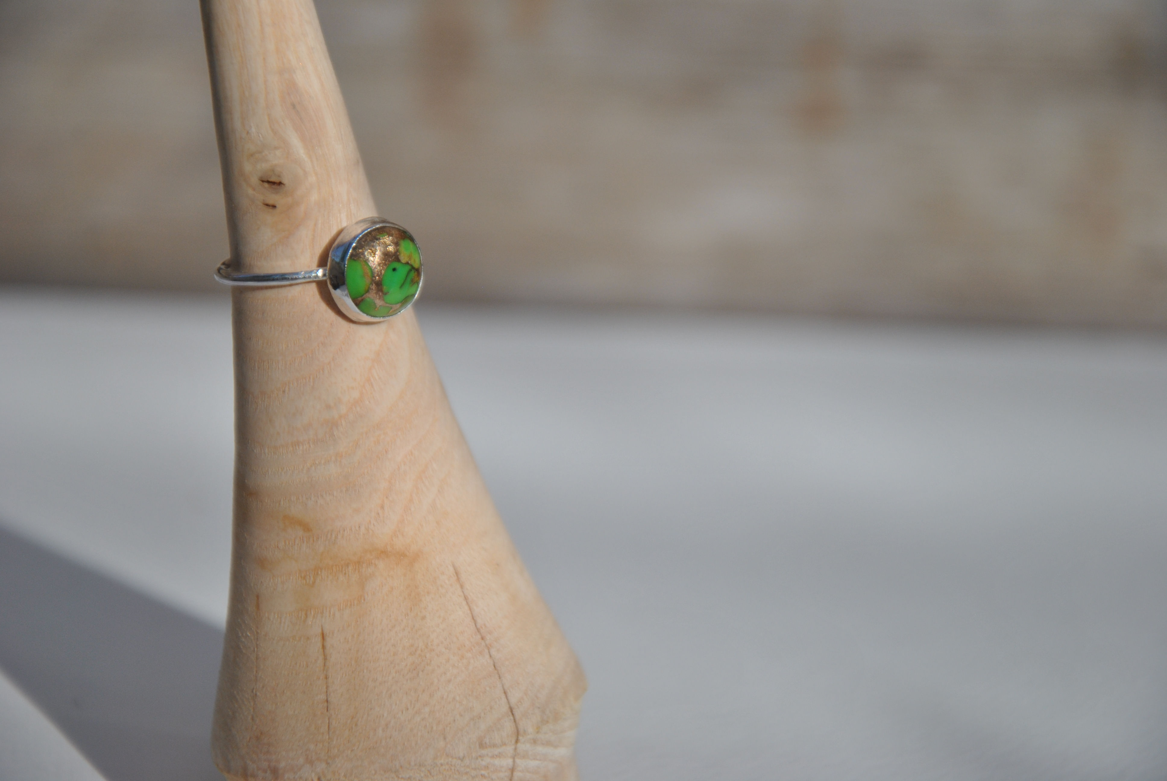 Green and Copper cabochon silver ring