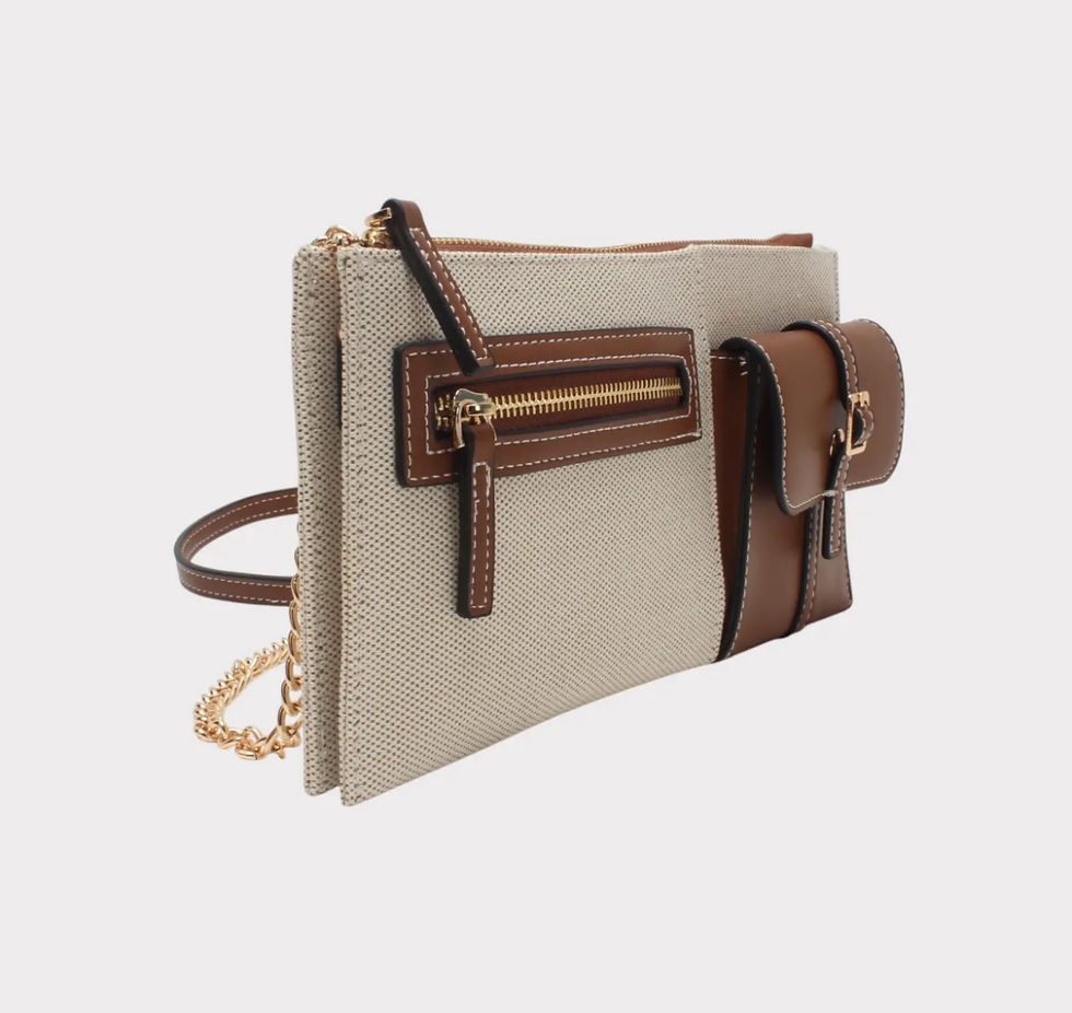 Miniature : Pochette rectangle bi-matière lin camel beige  