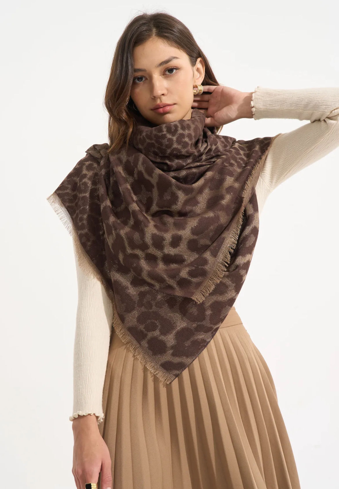 Écharpe fine marron imprimé léopard femme 2025 hiver