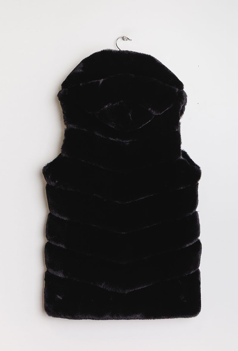 Miniature : Gilet fourrure sans manches capuche noir femme