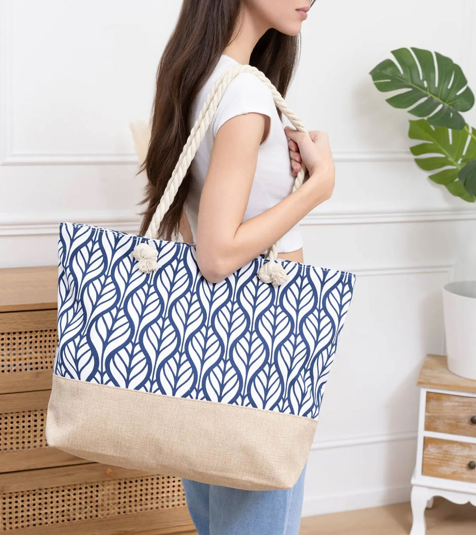 Miniature : Sac de plage paille et tissu avec poignets en corde femme
