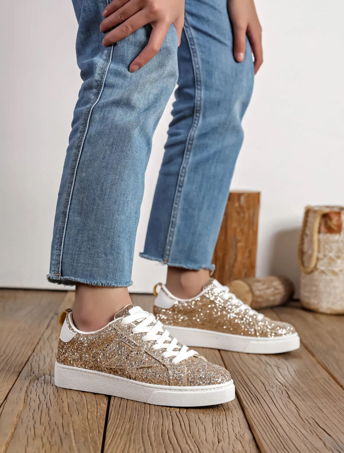 baskets sneakers paillettes dorées femme