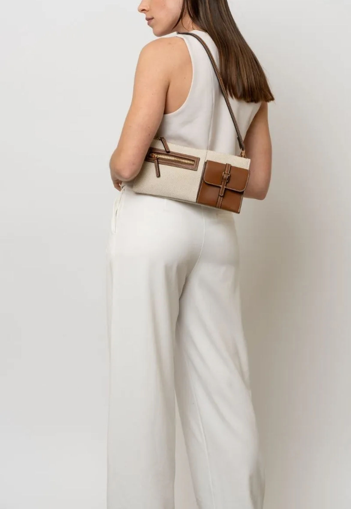 Pochette rectangle bi-matière lin camel beige  