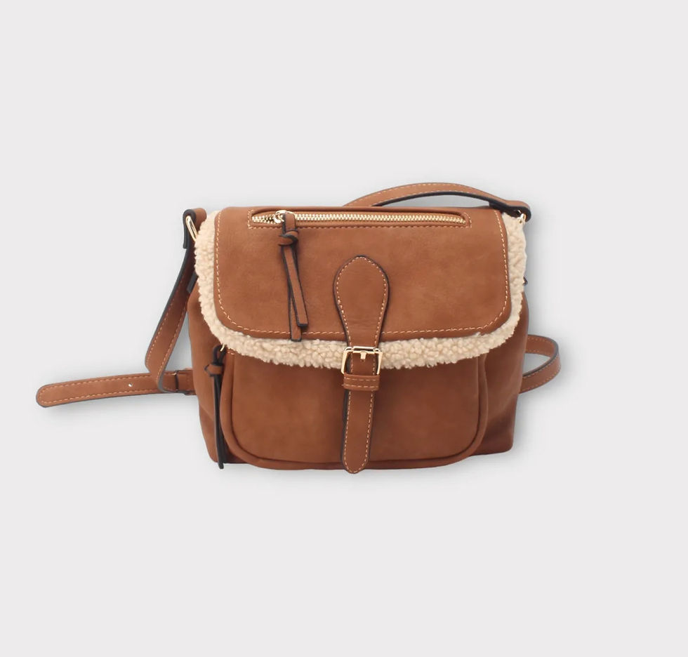Miniature : Sac bandoulière bi-matière imitation peau et moumoute femme camel