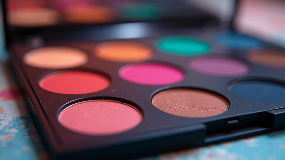 Eye-level view of a makeup palette with vibrant colors