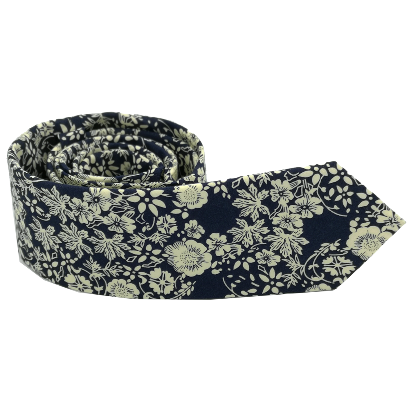 Cravate bleue foncée avec fleurs beiges blanches