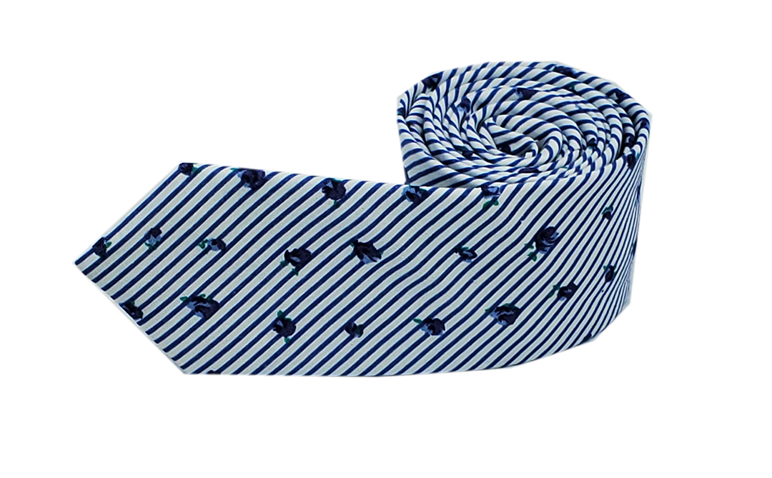 Tie - White With Blue Stripes and Small Flowers