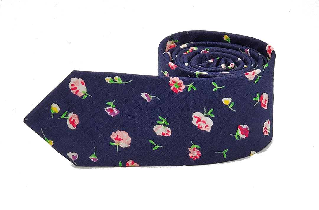 Tie - Dark Blue, Pink Roses