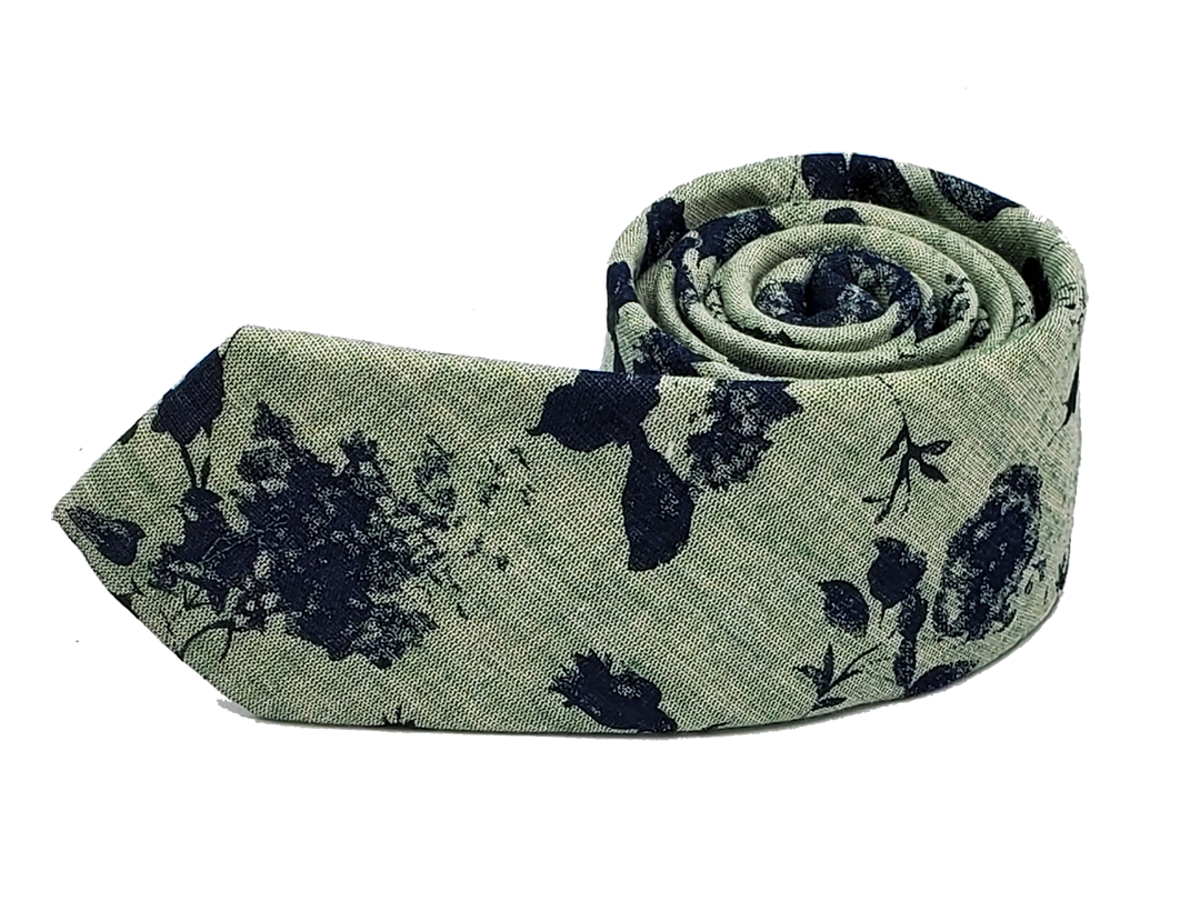 Tie - Light Green With Blue Flowers